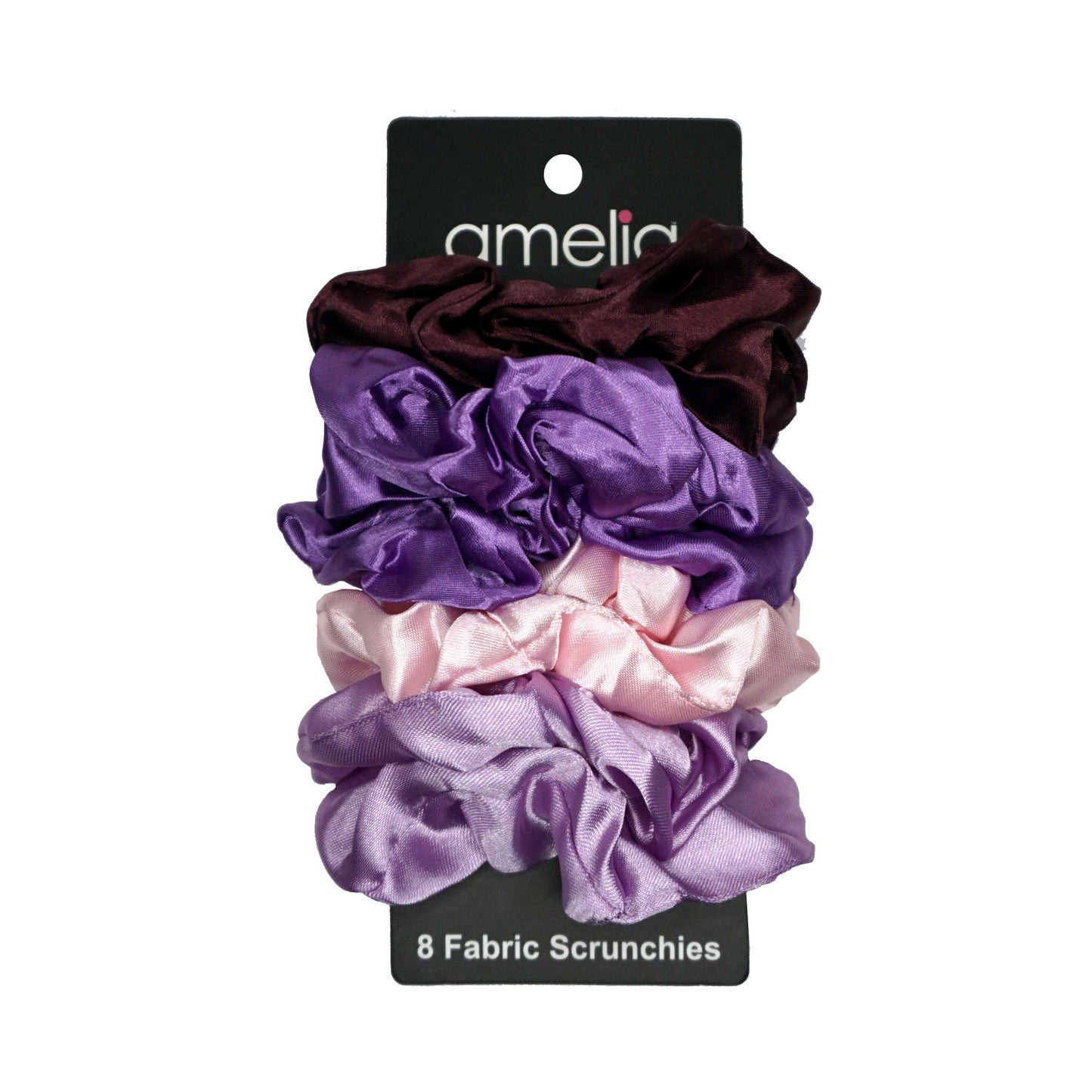 Amelia Beauty Products, Purples Mix Satin Scrunchies, 3.5in Diameter, Gentle on Hair, Strong Hold, No Snag, No Dents or Creases. 8 Pack