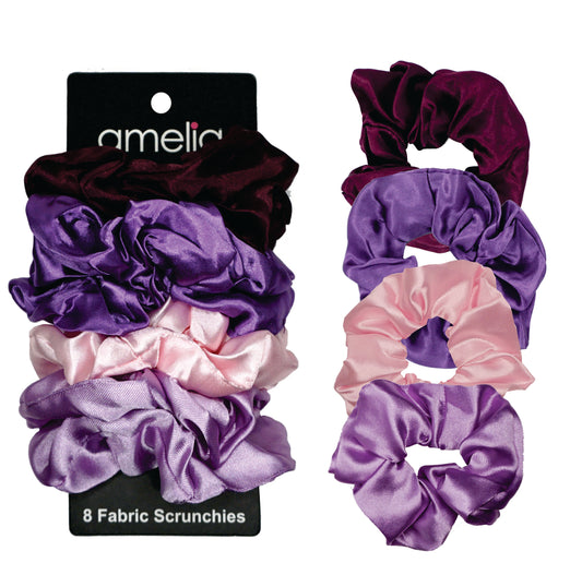 Amelia Beauty Products, Purples Mix Satin Scrunchies, 3.5in Diameter, Gentle on Hair, Strong Hold, No Snag, No Dents or Creases. 8 Pack