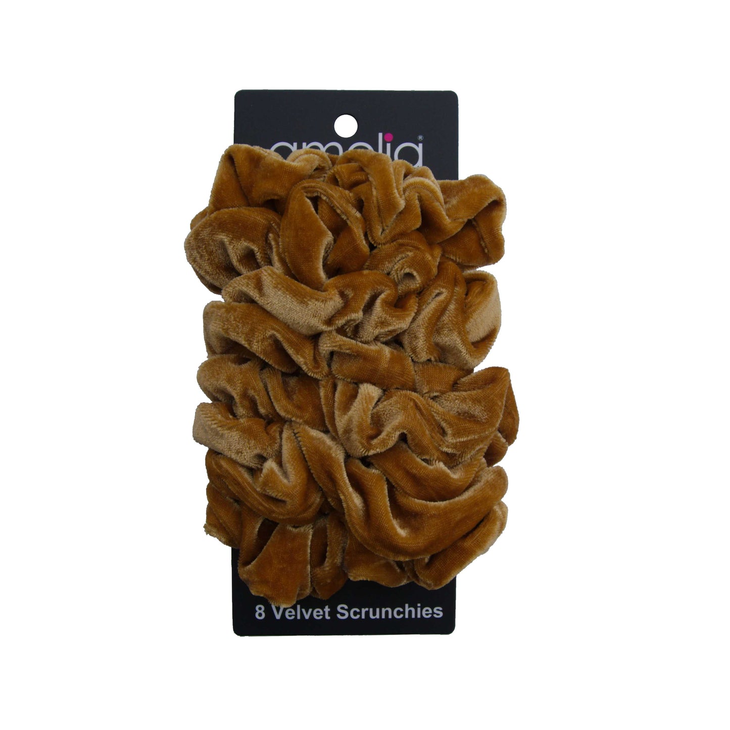 Amelia Beauty, Tan Velvet Scrunchies, 3.5in Diameter, Gentle on Hair, Strong Hold, No Snag, No Dents or Creases. 8 Pack