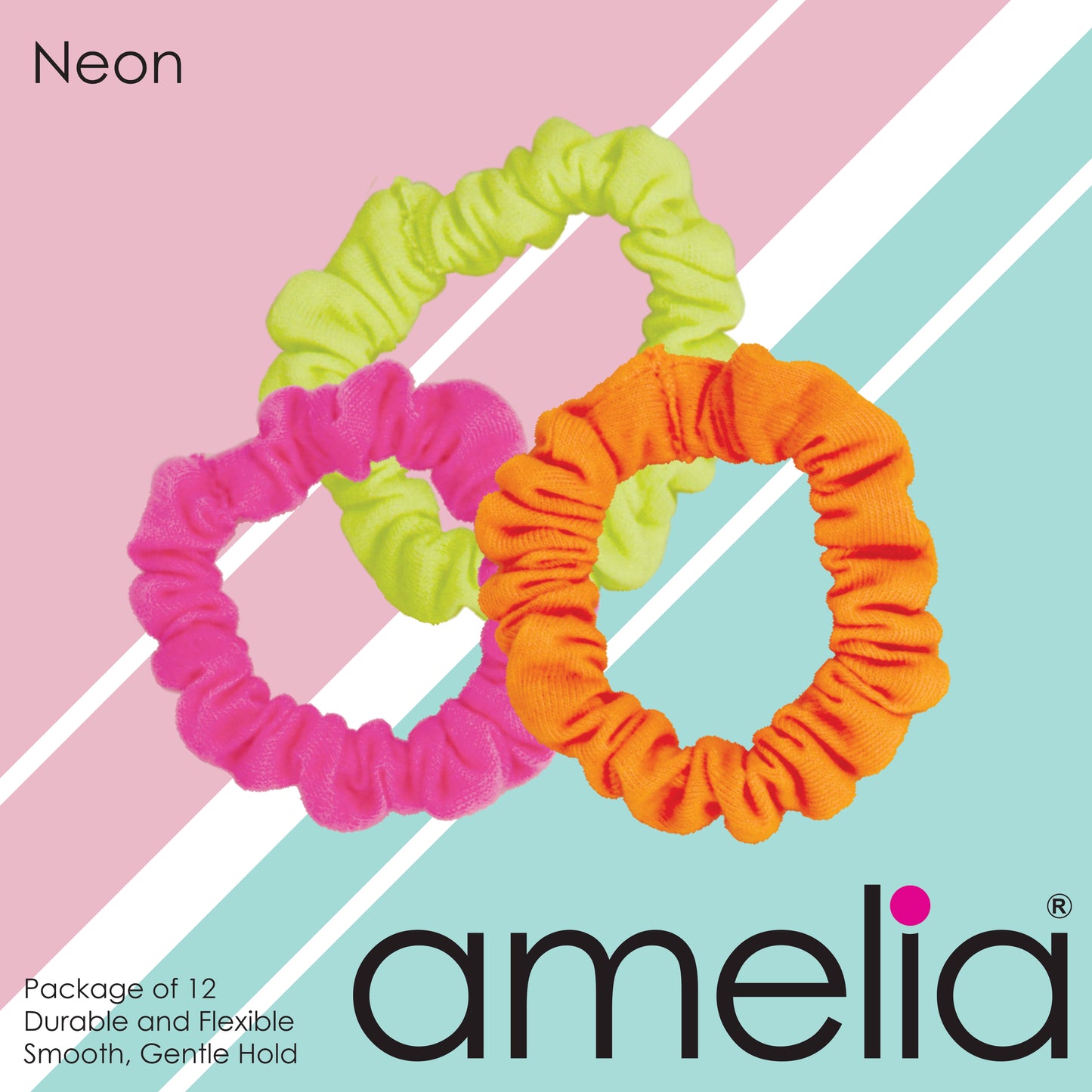 Amelia Beauty, Neon Mix Jersey Scrunchies, 2.25in Diameter, Gentle on Hair, Strong Hold, No Snag, No Dents or Creases. 12 Pack