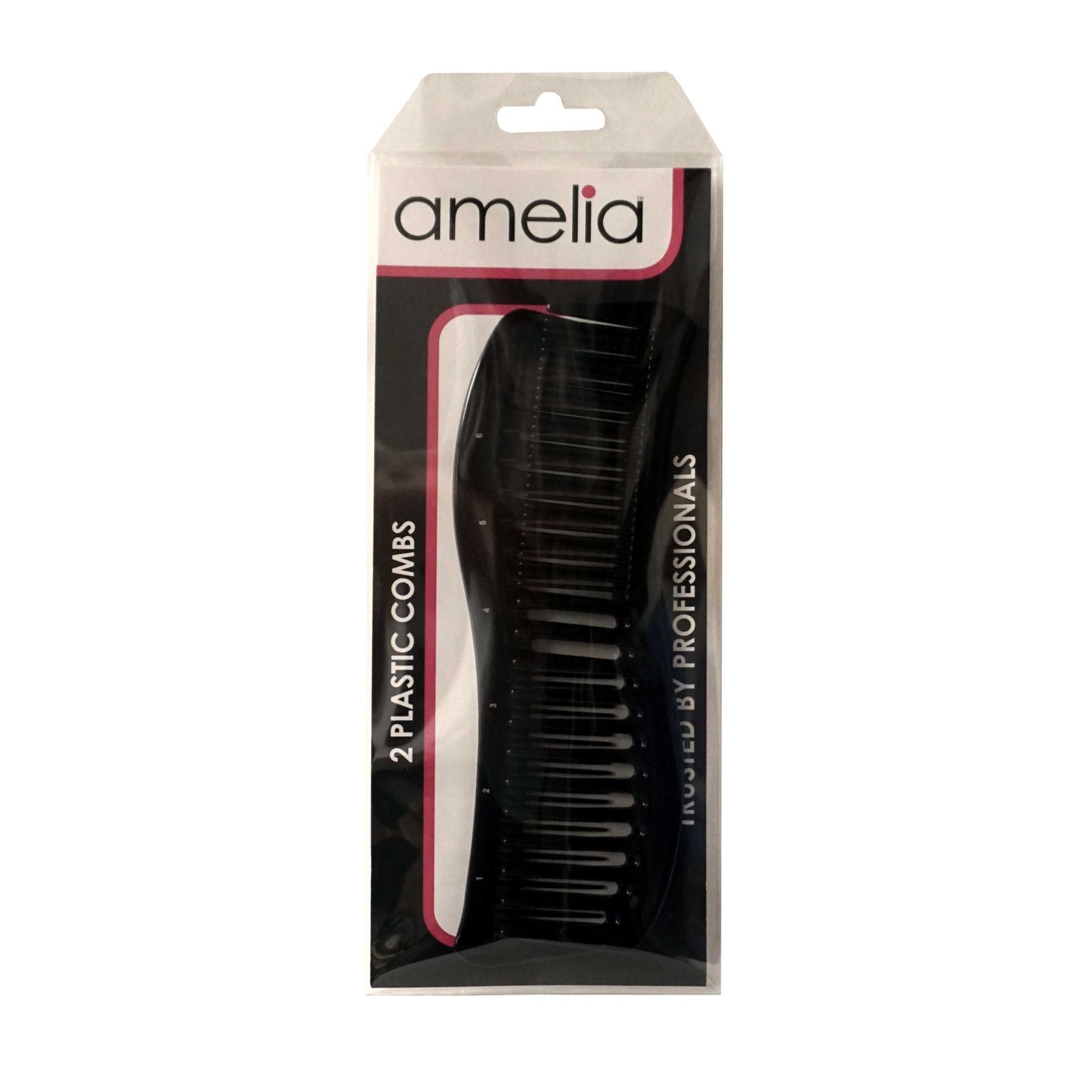 Amelia Beauty, 8in Black Plastic Detangling Wave Comb, Made in USA, Professional Grade Comb,  Portable Salon Barber Shop Black Everyday Styling Rake Comb Hair Styling Tool, 7.5"x 2", 2 Pack