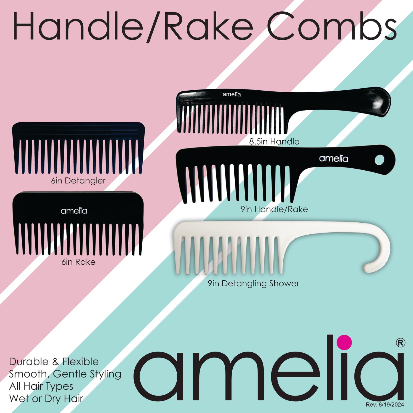 Amelia Beauty, 8.5in Black Plastic Handle Comb, Made in USA, Professional Grade Hair Comb, For Combing Out Long Thick Hair, Wet or Dry, Everyday Styling Cutting Hair Styling Tool, 8.5"x1.5", 2 Pack