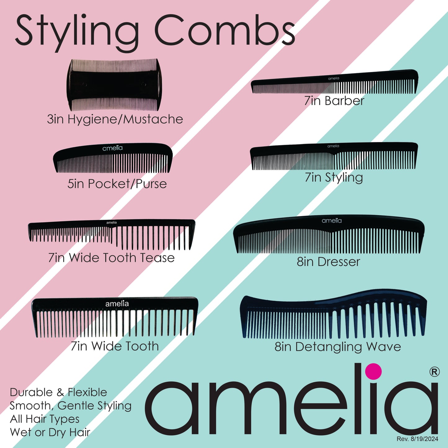 Amelia Beauty, 8in Black Plastic Detangling Wave Comb, Made in USA, Professional Grade Comb,  Portable Salon Barber Shop Black Everyday Styling Rake Comb Hair Styling Tool, 7.5"x 2", 2 Pack