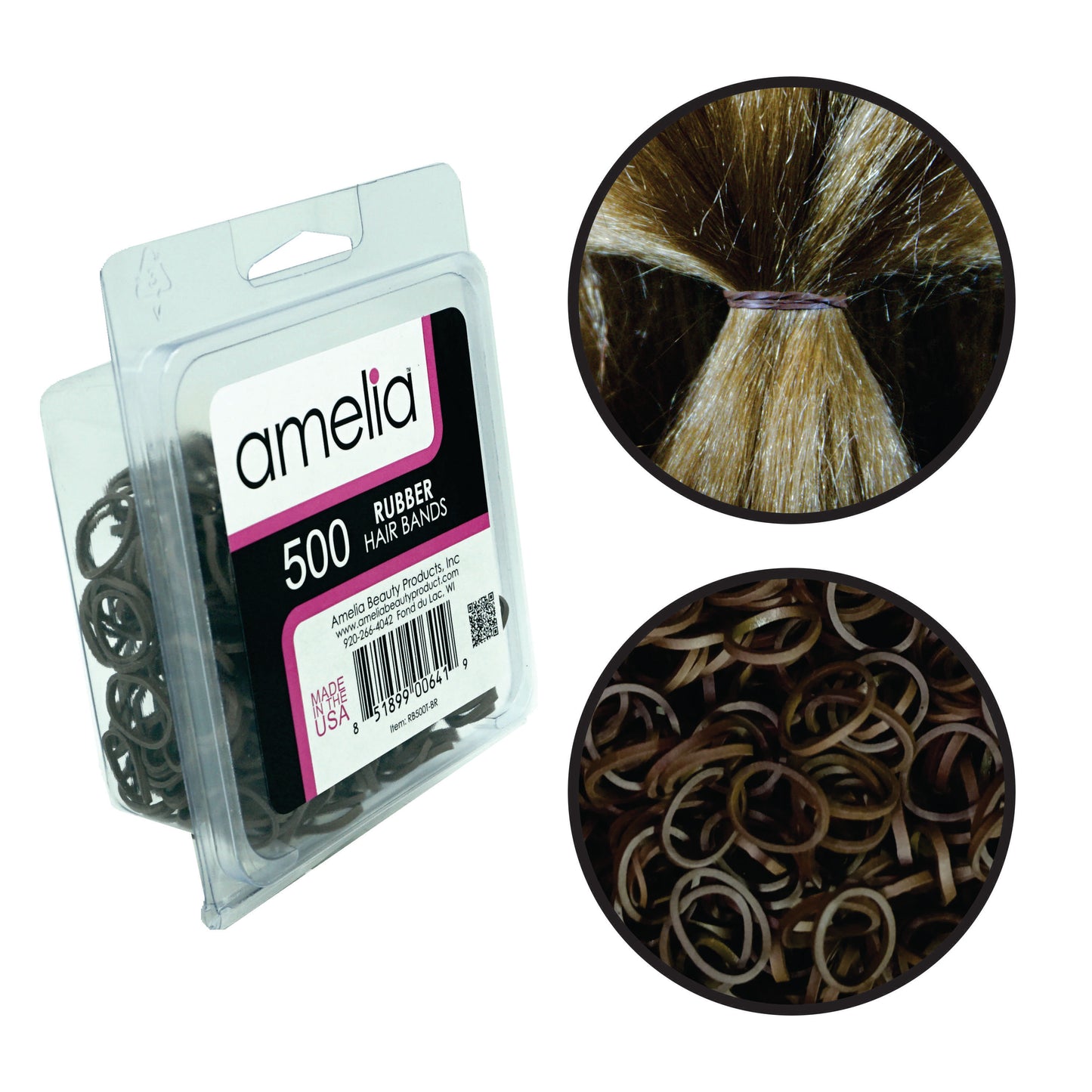 Amelia Beauty | 1/2in, Brown, Elastic Rubber Band Pony Tail Holders | Made in USA, Ideal for Ponytails, Braids, Twists, Dreadlocks, Styling Accessories for Women, Men and Girls | 500 Pack