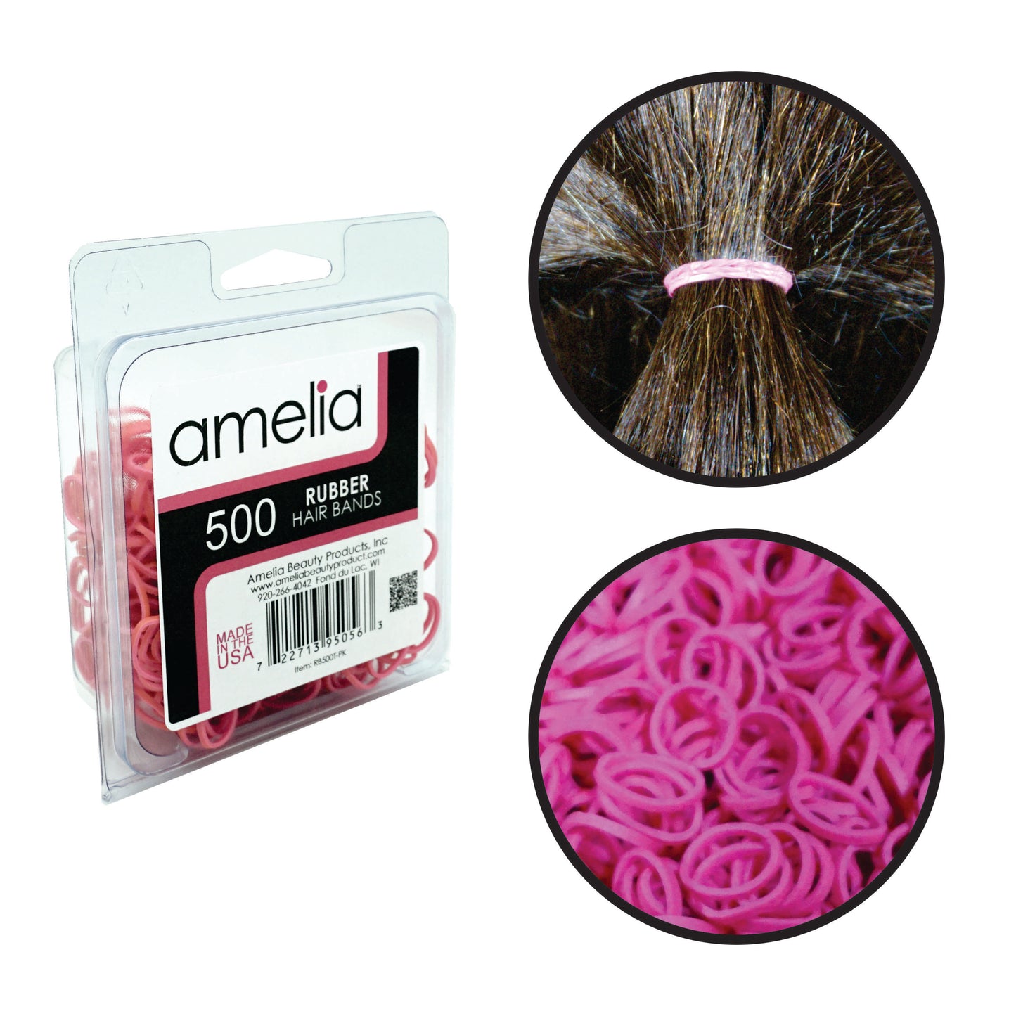 Amelia Beauty | 1/2in, Pink, Elastic Rubber Band Pony Tail Holders | Made in USA, Ideal for Ponytails, Braids, Twists, Dreadlocks, Styling Accessories for Women, Men and Girls | 500 Pack