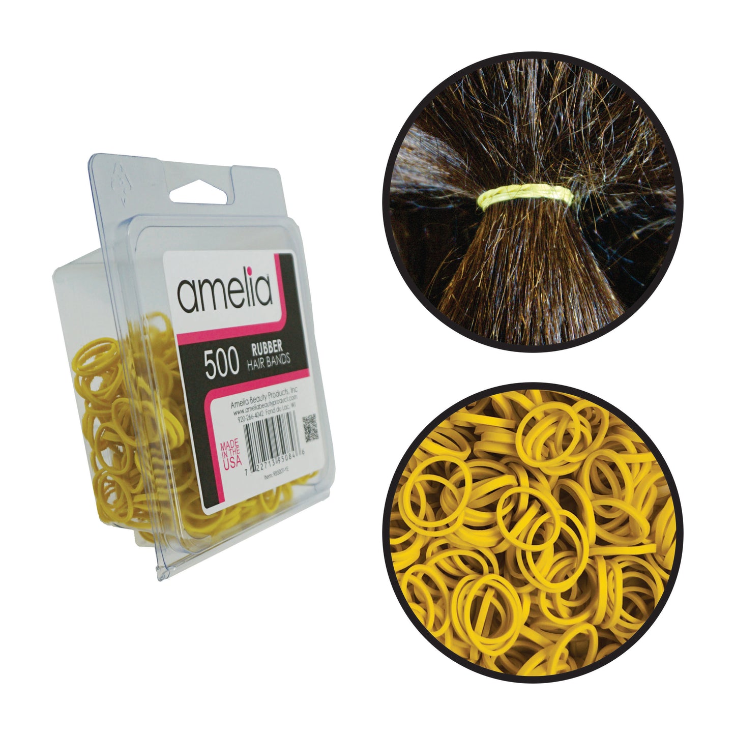 Amelia Beauty | 1/2in, Yellow, Elastic Rubber Band Pony Tail Holders | Made in USA, Ideal for Ponytails, Braids, Twists, Dreadlocks, Styling Accessories for Women, Men and Girls | 500 Pack