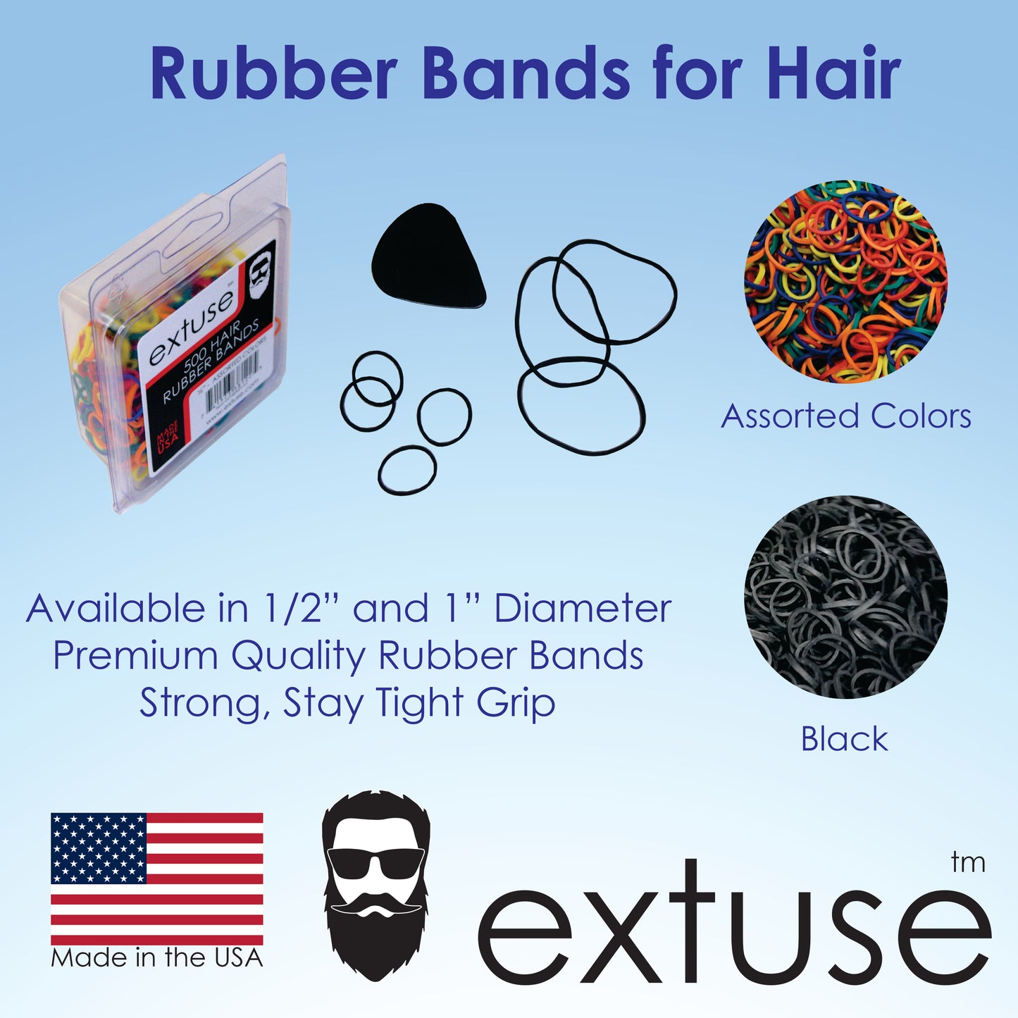 Extuse | 1/2in, Black, Elastic Rubber Band Pony Tail Holders | Made in USA, Ideal for Ponytails, Braids, Beards, Twists, Dreadlocks, Styling Accessories for All | 500 Pack
