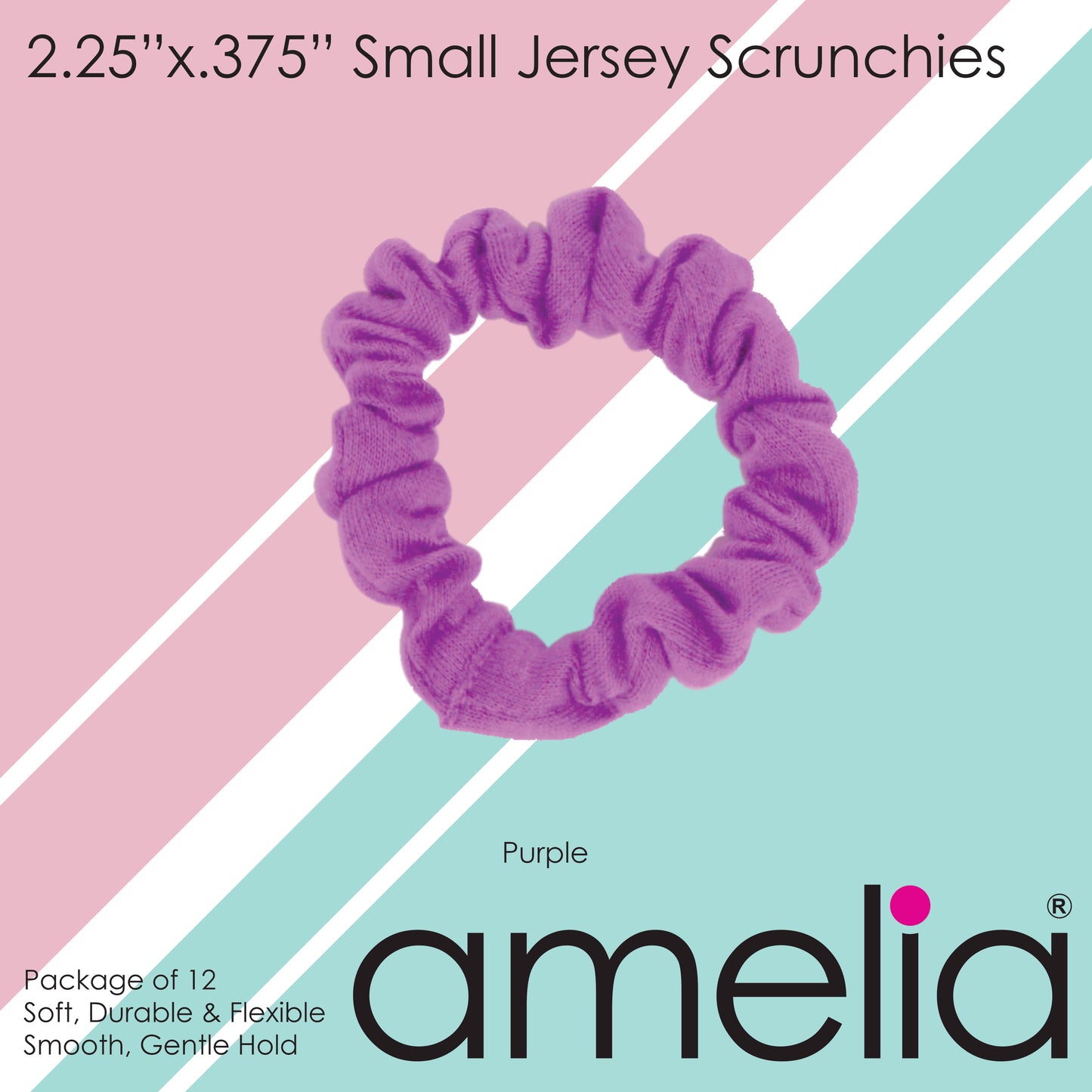 Amelia Beauty, Purple Jersey Scrunchies, 2.25in Diameter, Gentle on Hair, Strong Hold, No Snag, No Dents or Creases. 12 Pack