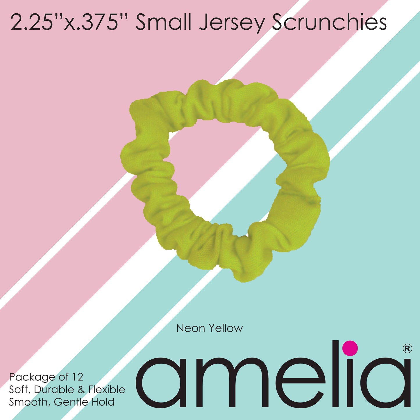 Amelia Beauty, Neon Yellow Jersey Scrunchies, 2.25in Diameter, Gentle on Hair, Strong Hold, No Snag, No Dents or Creases. 12 Pack