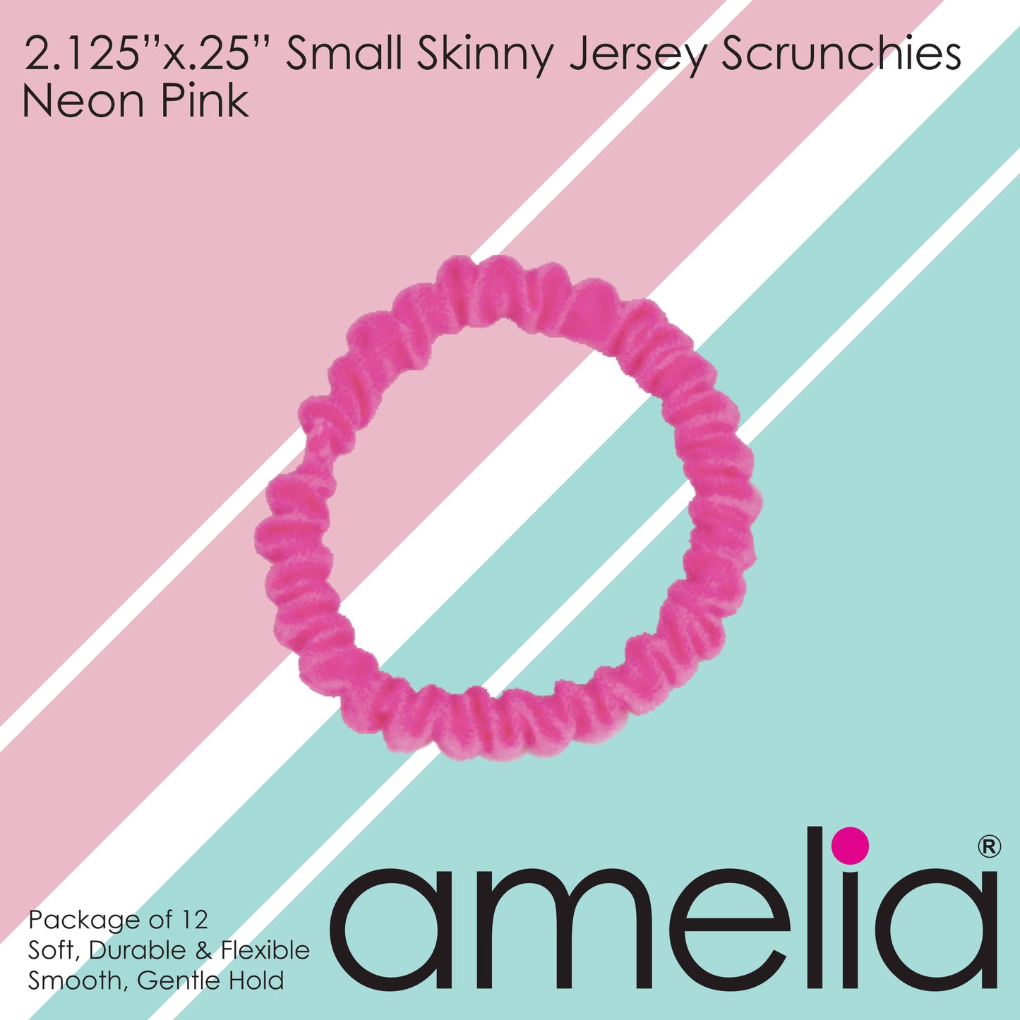 Amelia Beauty, Neon Pink Skinny Jersey Scrunchies, 2.125in Diameter, Gentle on Hair, Strong Hold, No Snag, No Dents or Creases. 12 Pack