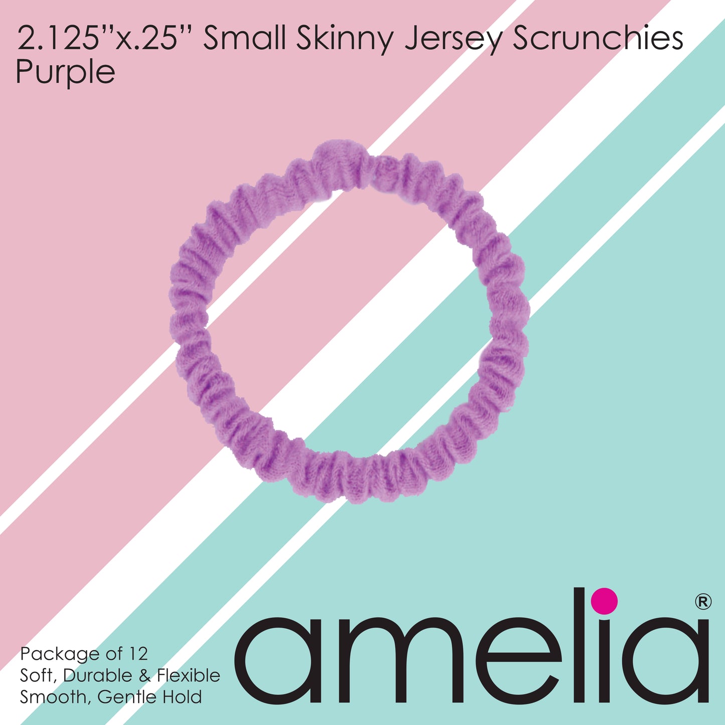 Amelia Beauty, Purple Skinny Jersey Scrunchies, 2.125in Diameter, Gentle on Hair, Strong Hold, No Snag, No Dents or Creases. 12 Pack