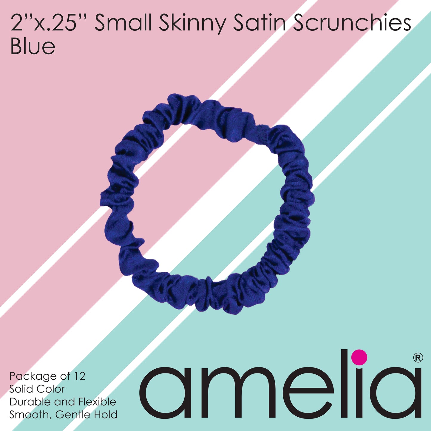 Amelia Beauty, Blue Skinny Satin Scrunchies, 2in Diameter, Gentle and Strong Hold, No Snag, No Dents or Creases. 12 Pack