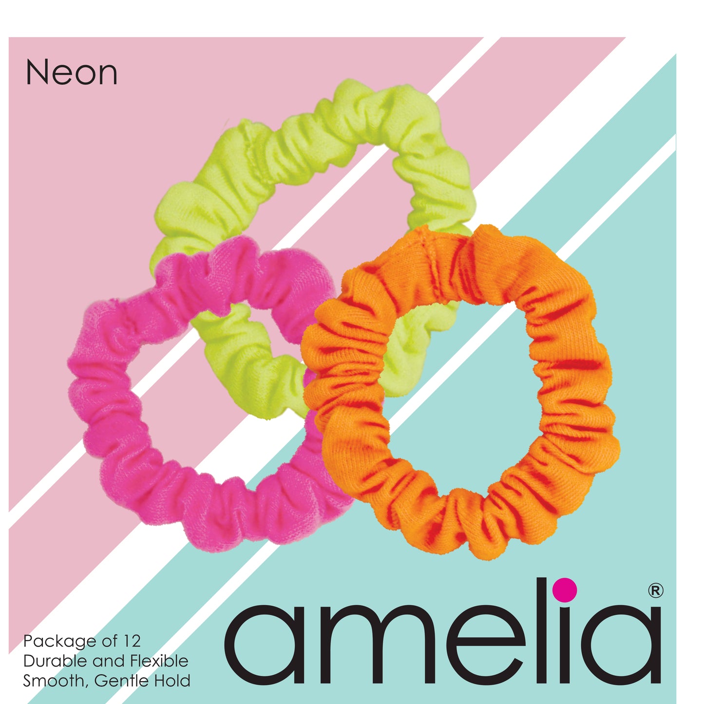 Amelia Beauty, Medium Neon Jersey Scrunchies, 2.5in Diameter, Gentle on Hair, Strong Hold, No Snag, No Dents or Creases. 10 Pack