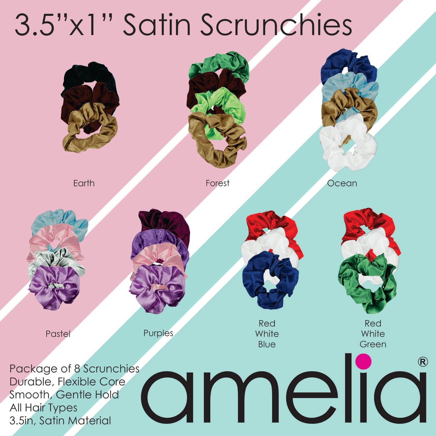 Amelia Beauty Products, Burgundy Satin Scrunchies, 3.5in Diameter, Gentle on Hair, Strong Hold, No Snag, No Dents or Creases. 8 Pack