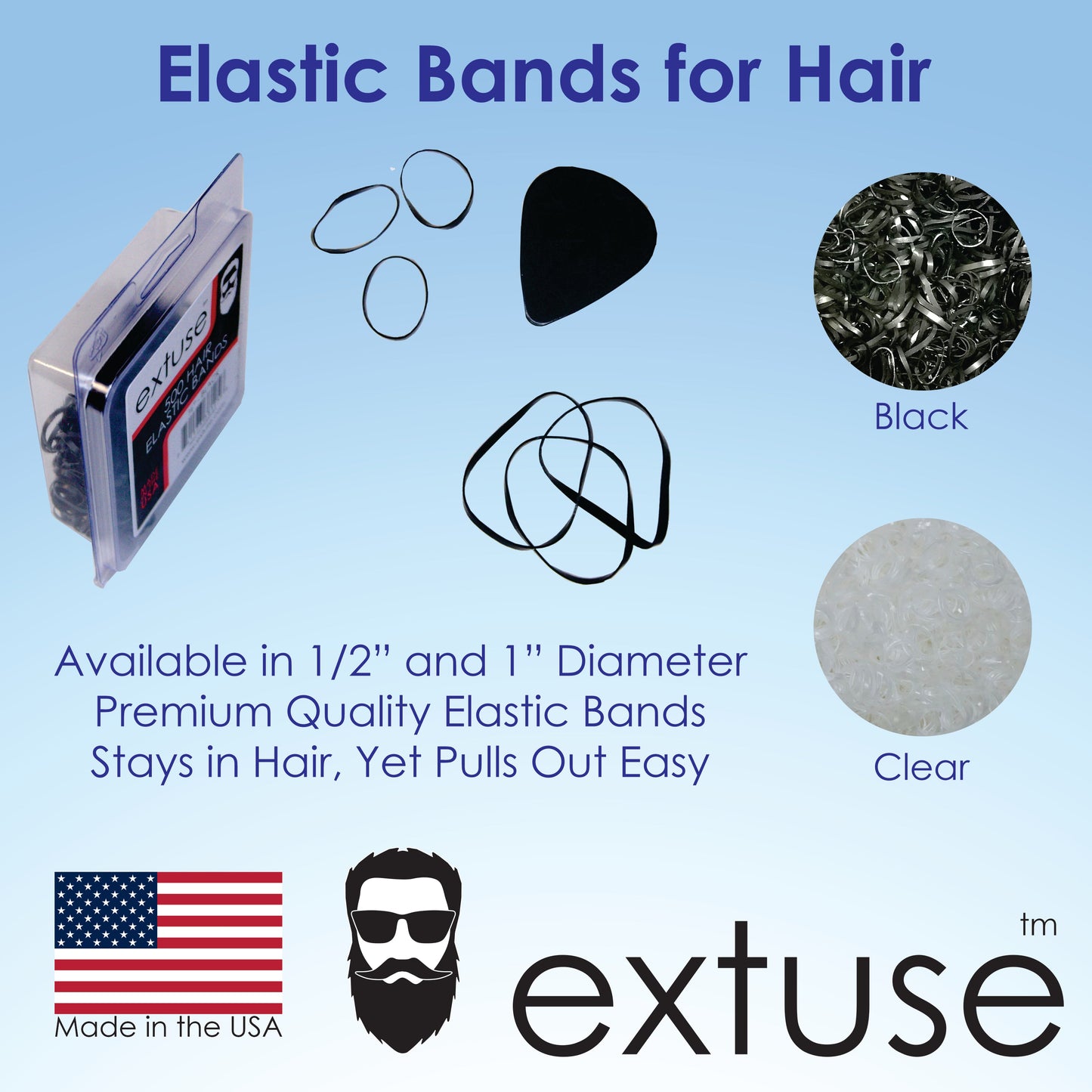 Extuse | 1/2in, Black, Tangle Free Elastic Pony Tail Holders | Made in USA, Ideal for Beards, Braids, Twists and Ponytails. For All People. Pain Free, Snag Free, Easy Off | 500 Pack