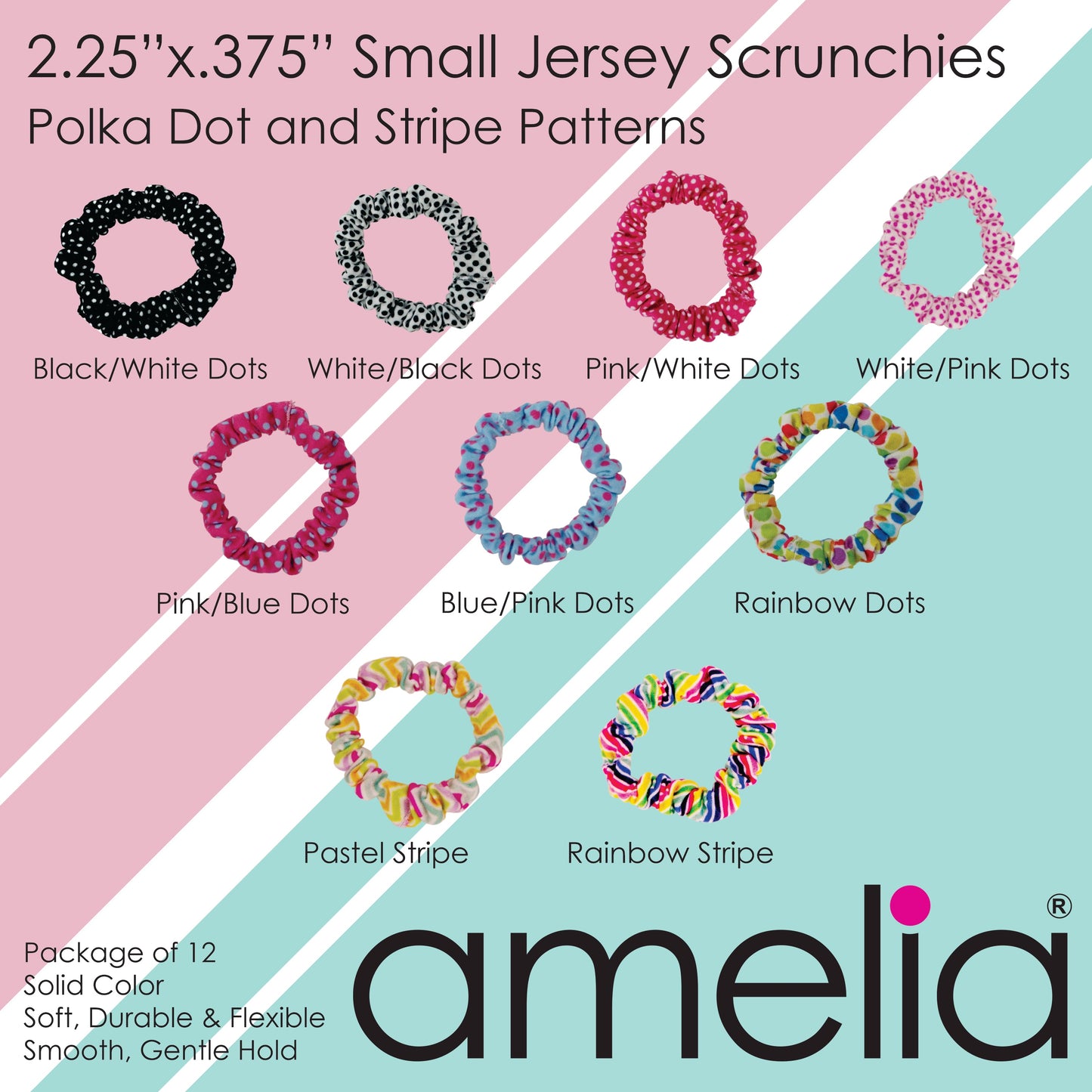 Amelia Beauty, Pink/Blue Dot Jersey Scrunchies, 2.25in Diameter, Gentle on Hair, Strong Hold, No Snag, No Dents or Creases. 12 Pack