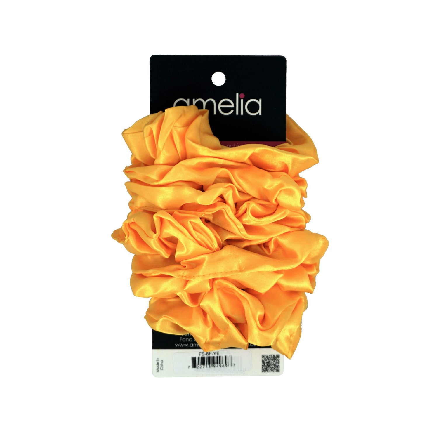 Amelia Beauty Products, Yellow Satin Scrunchies, 3.5in Diameter, Gentle on Hair, Strong Hold, No Snag, No Dents or Creases. 8 Pack