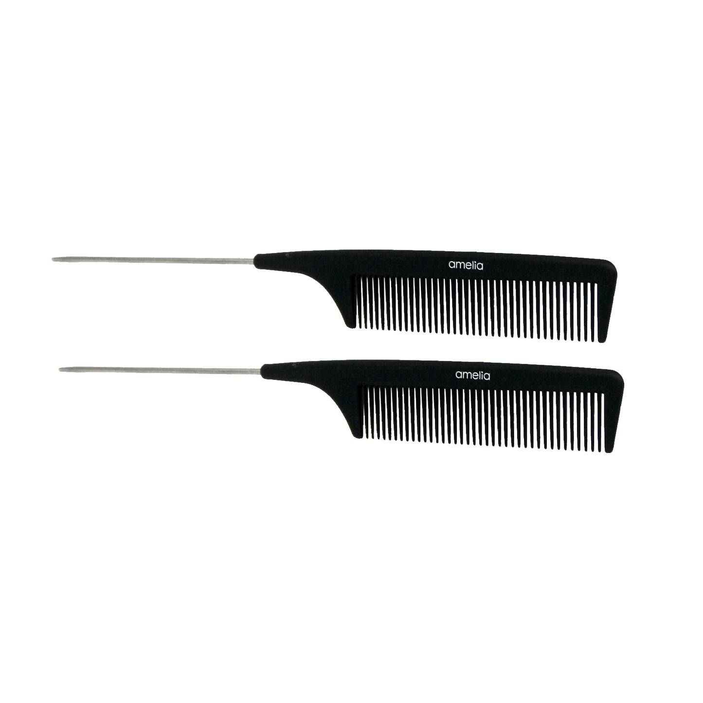 Amelia Beauty, 9in Black Plastic Pin Stainless Tail Regular Tooth Comb, Professional Grade Hair Comb, For Highlighting, Sectioning & Styling Hair with Pin Tip, Wet or Dry, 9"x1", 2 Pack